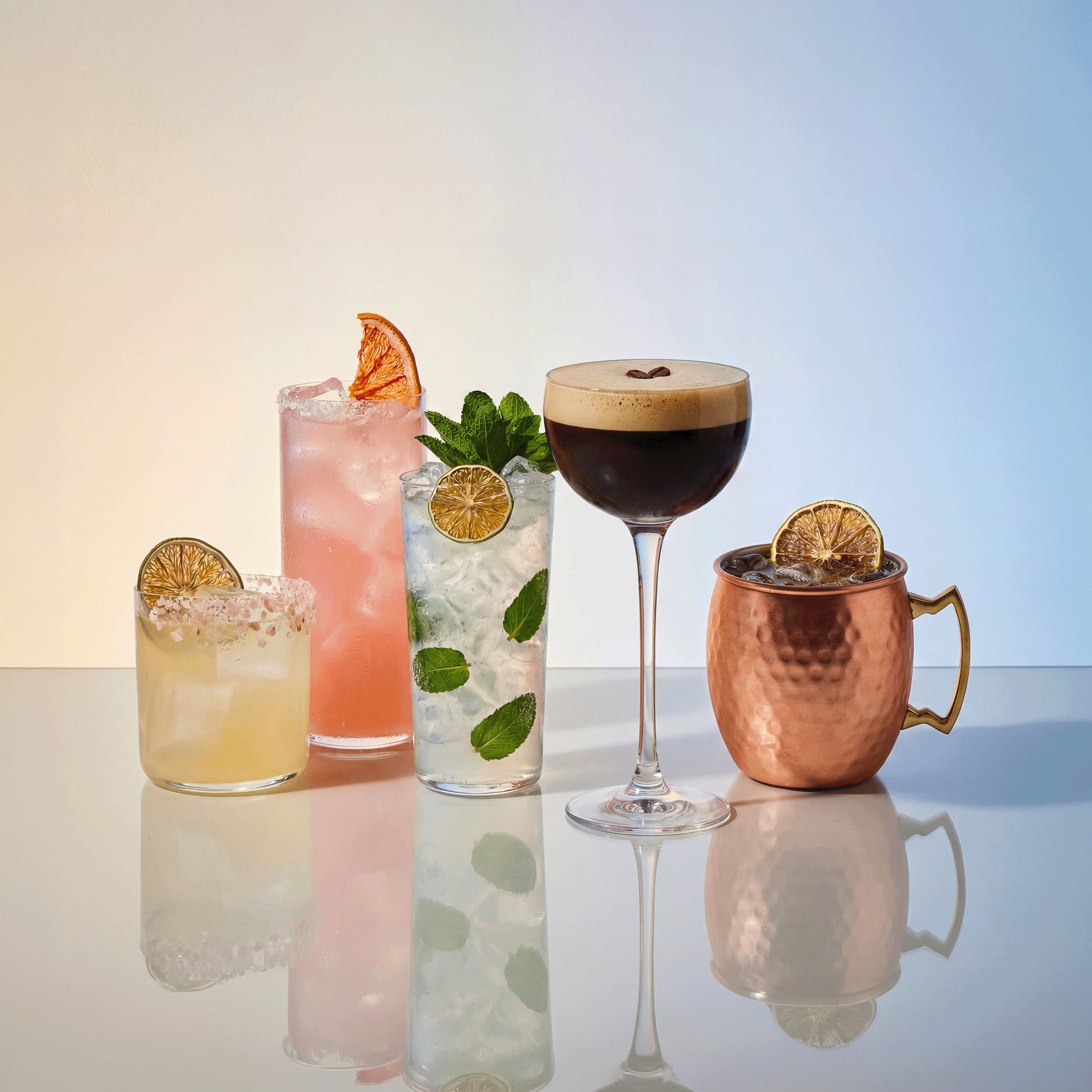 Five different cocktails lined up for a party menu, from Thirsty Bartender Toronto