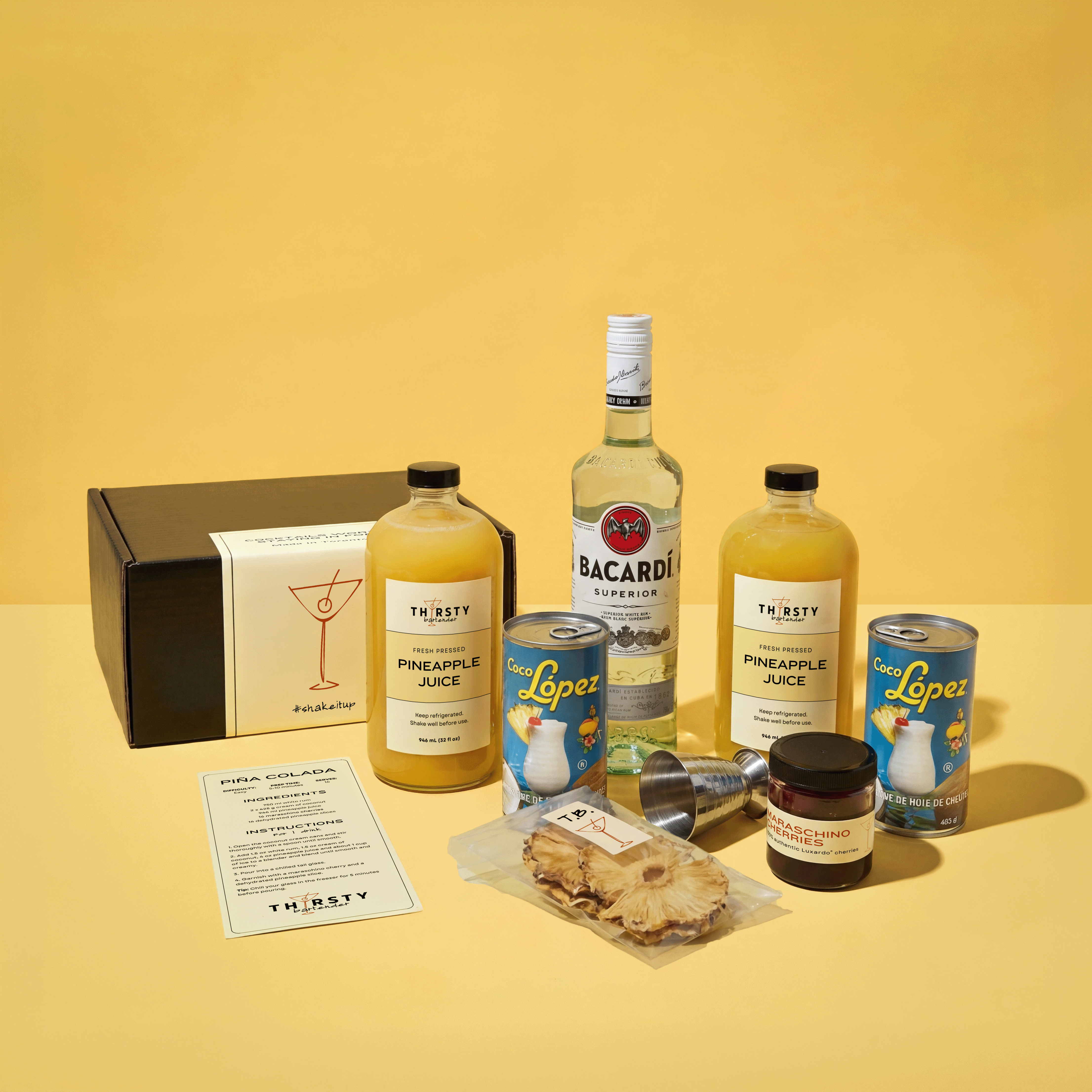 Piña Colada cocktail kit with Bacardi Rum included, from Thirsty Bartender Toronto