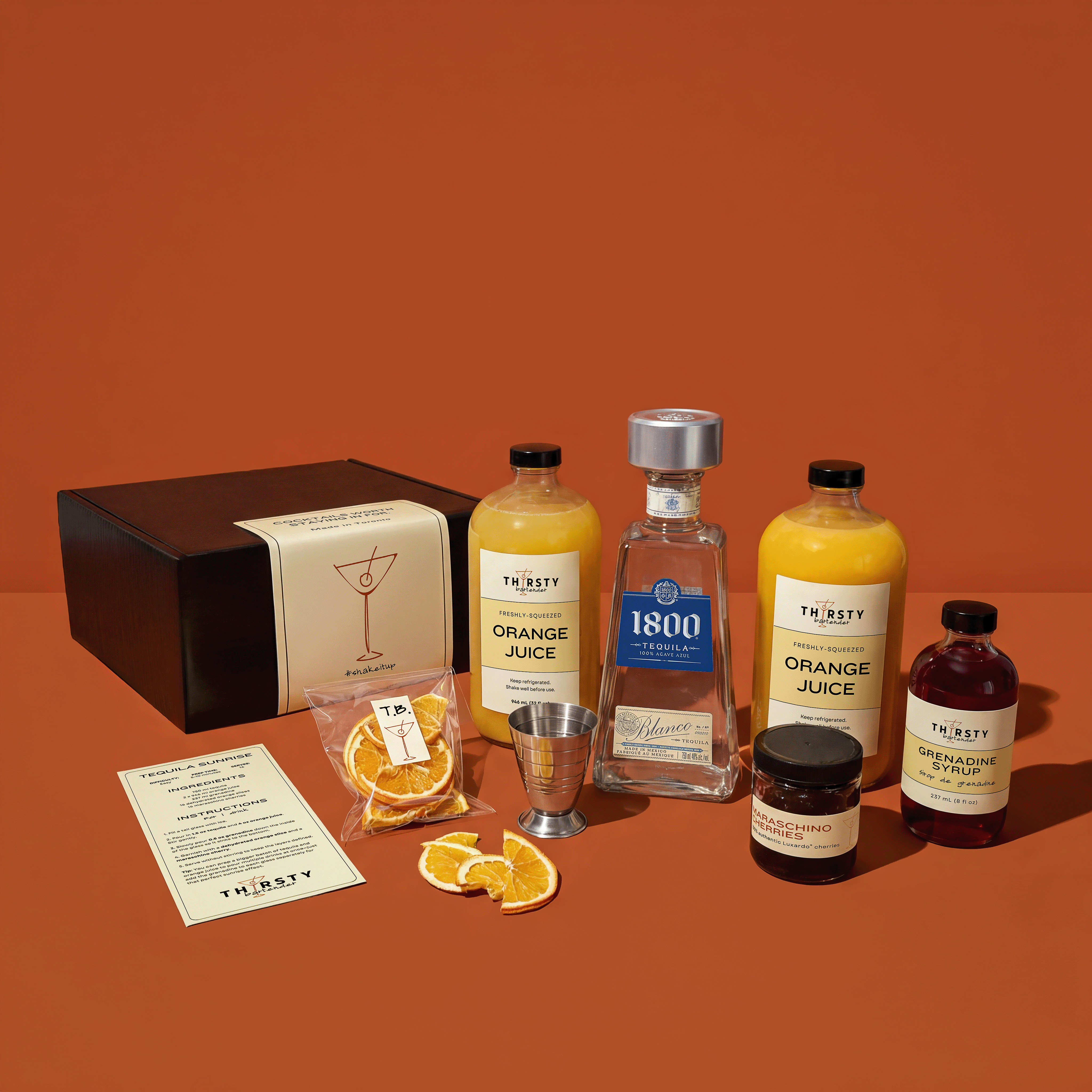 Tequila Sunrise cocktail kit with 1800 Tequila included, from Thirsty Bartender Toronto
