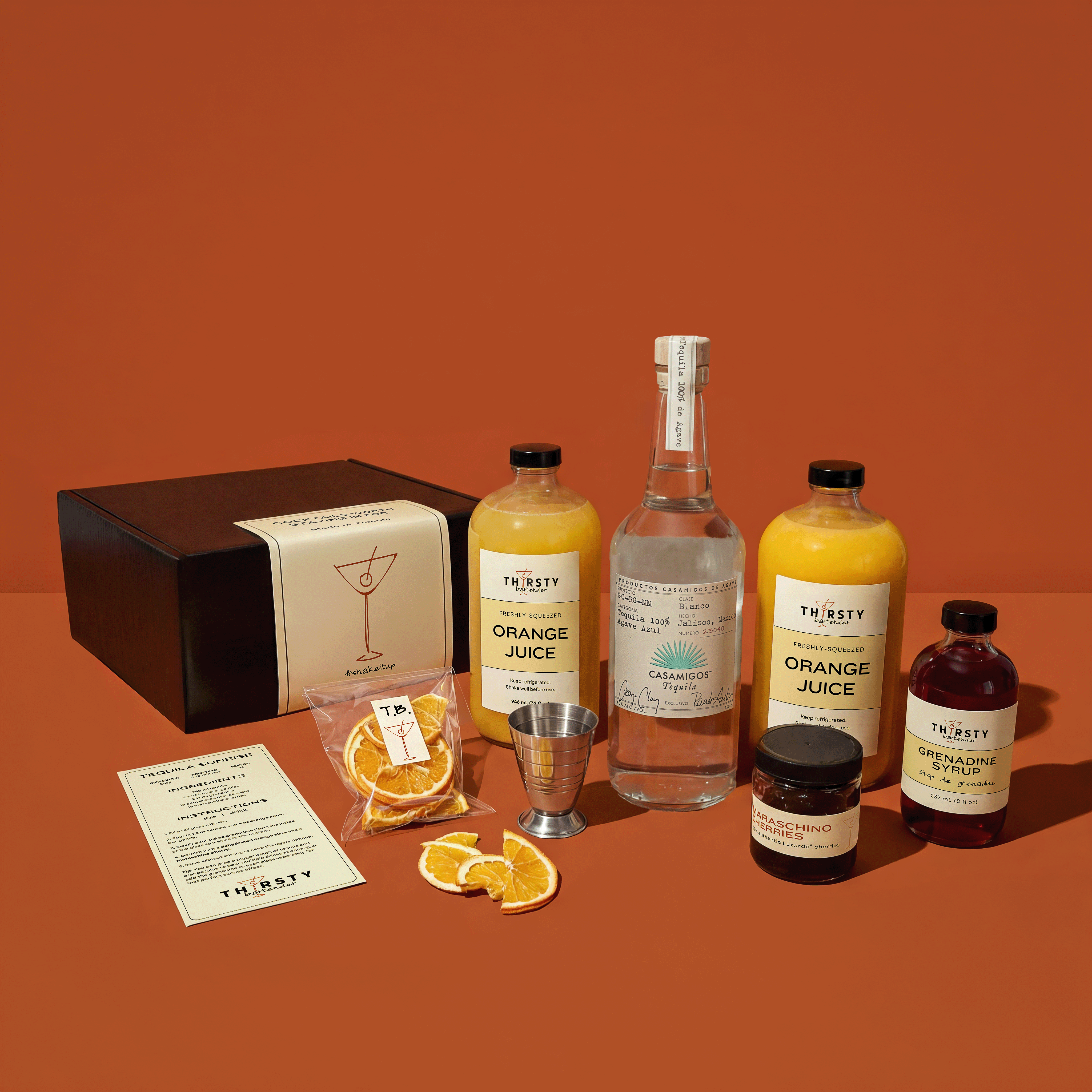 Tequila Sunrise cocktail kit with Casamigos Tequila included, from Thirsty Bartender Toronto
