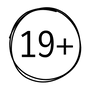 A black '19+' age rating symbol inside a hand-drawn circle, set against a solid white background.