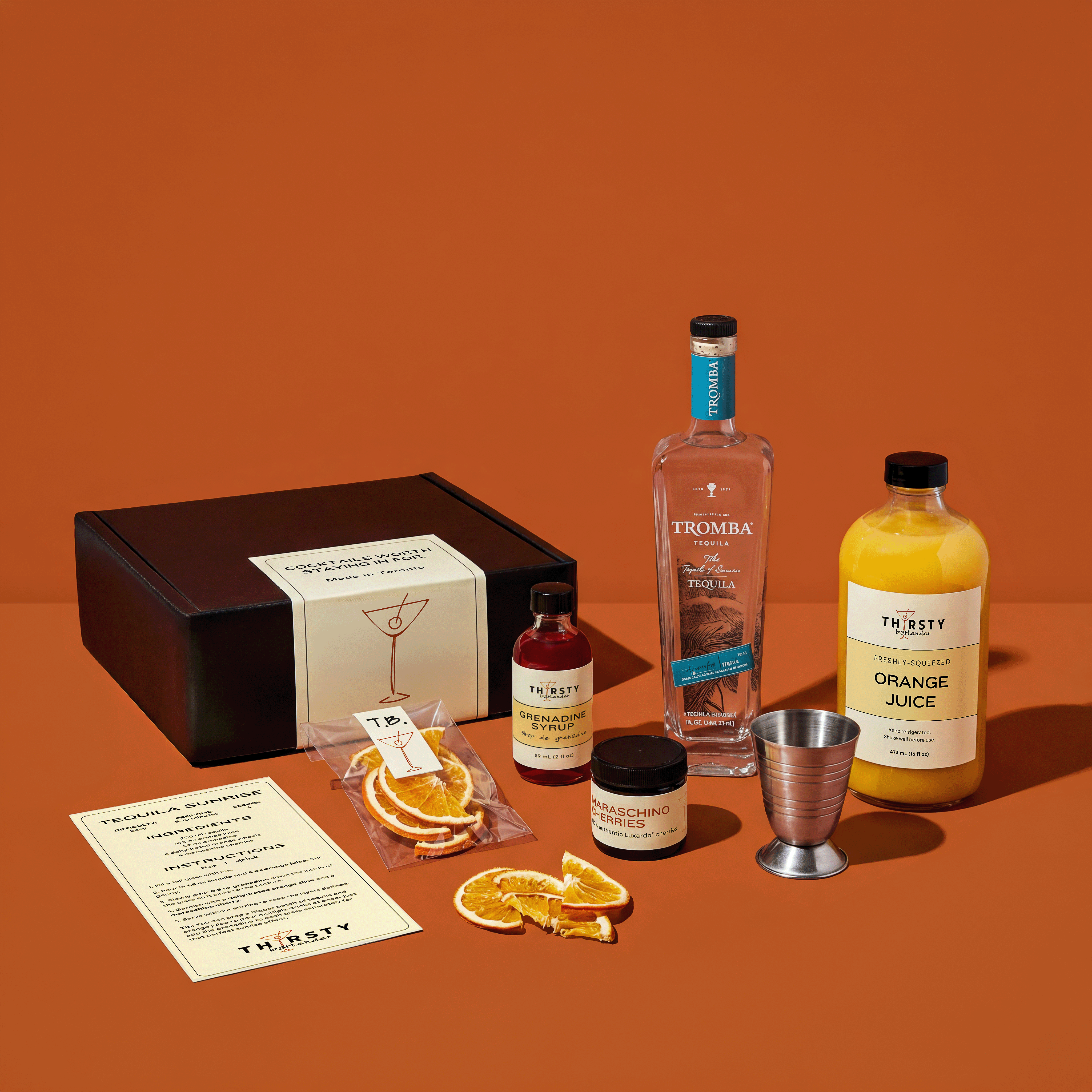 Tequila Sunrise cocktail kit with Tromba Tequila included, from Thirsty Bartender Toronto