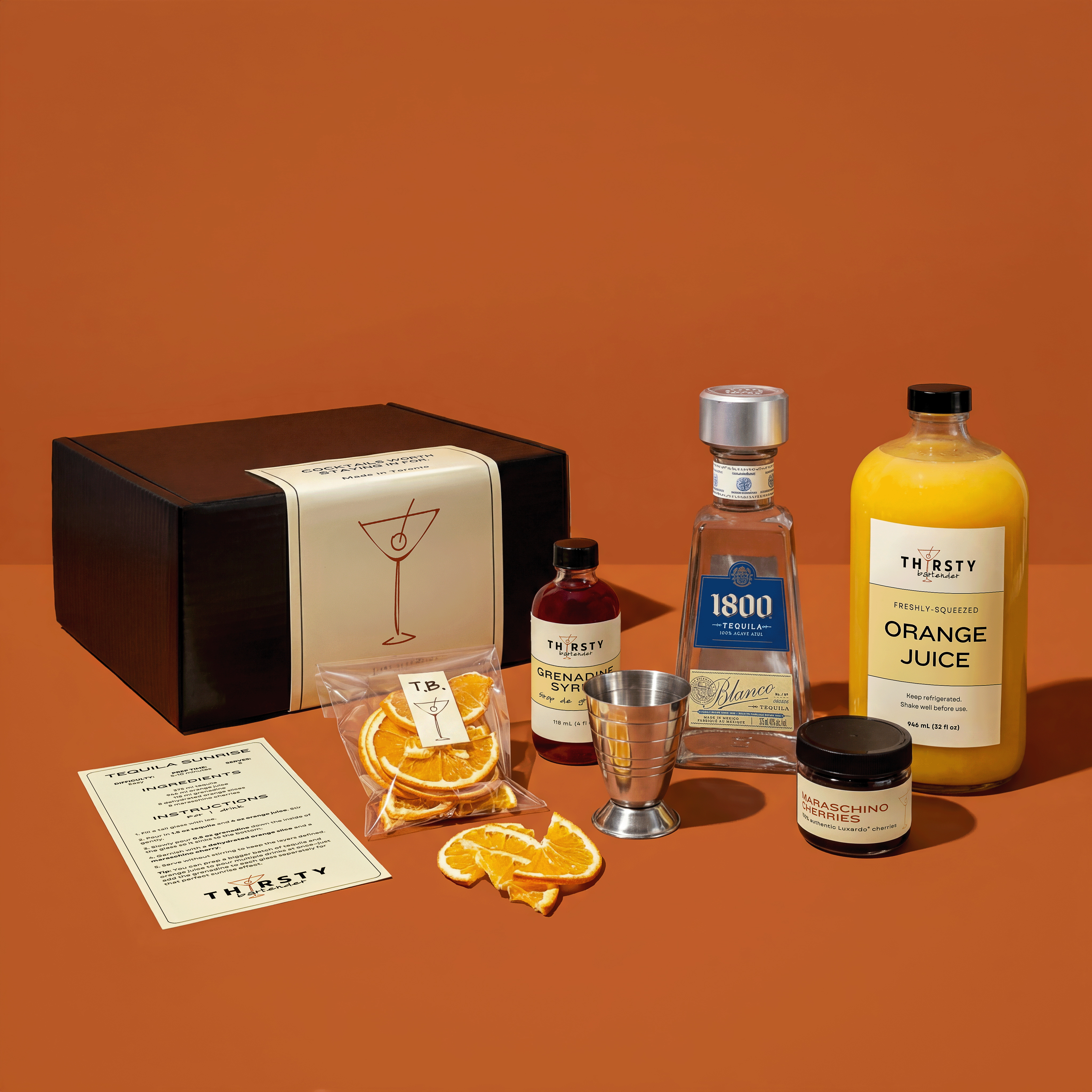 Tequila Sunrise cocktail kit with 1800 Tequila included, from Thirsty Bartender Toronto