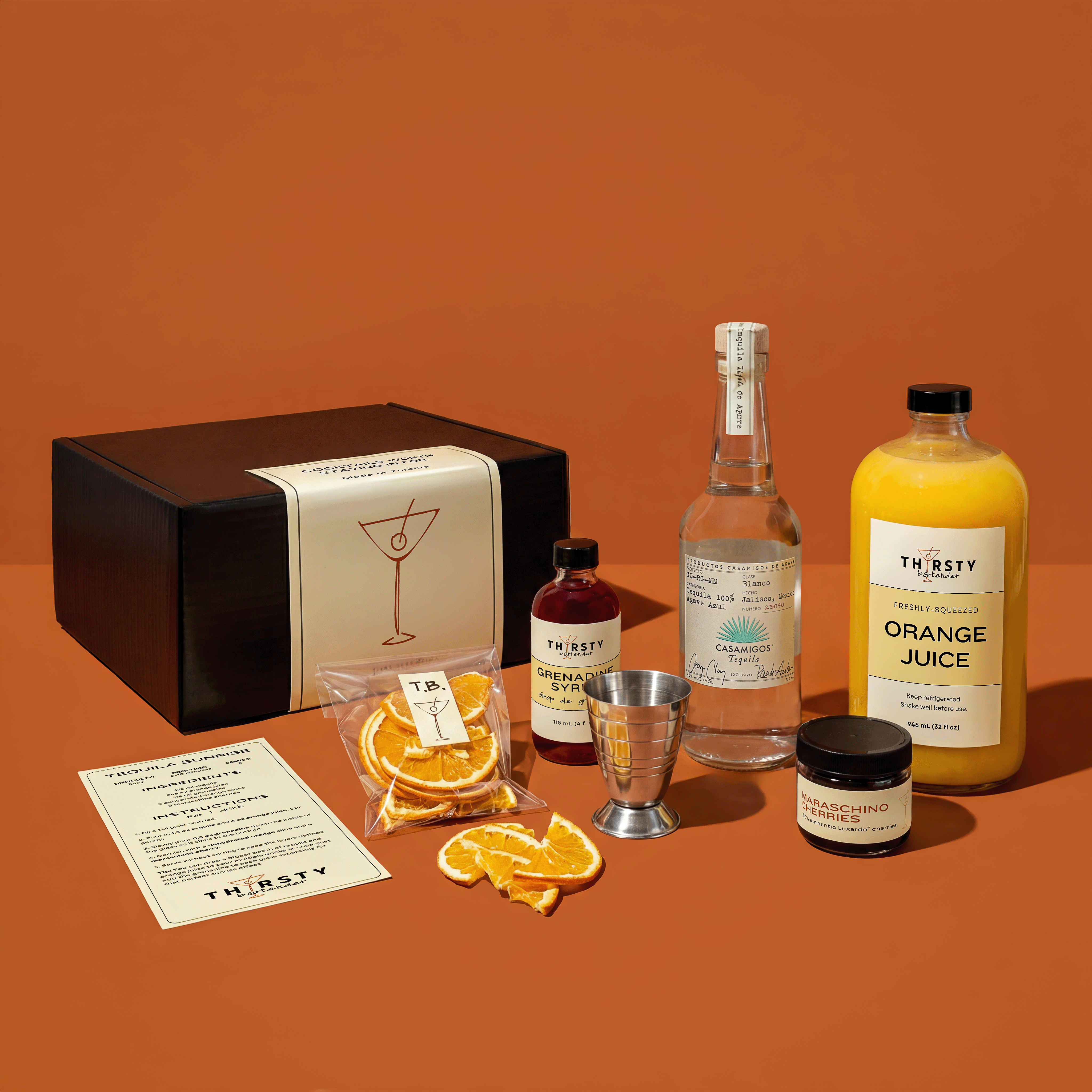 Tequila Sunrise cocktail kit with Casamigos Tequila included, from Thirsty Bartender Toronto