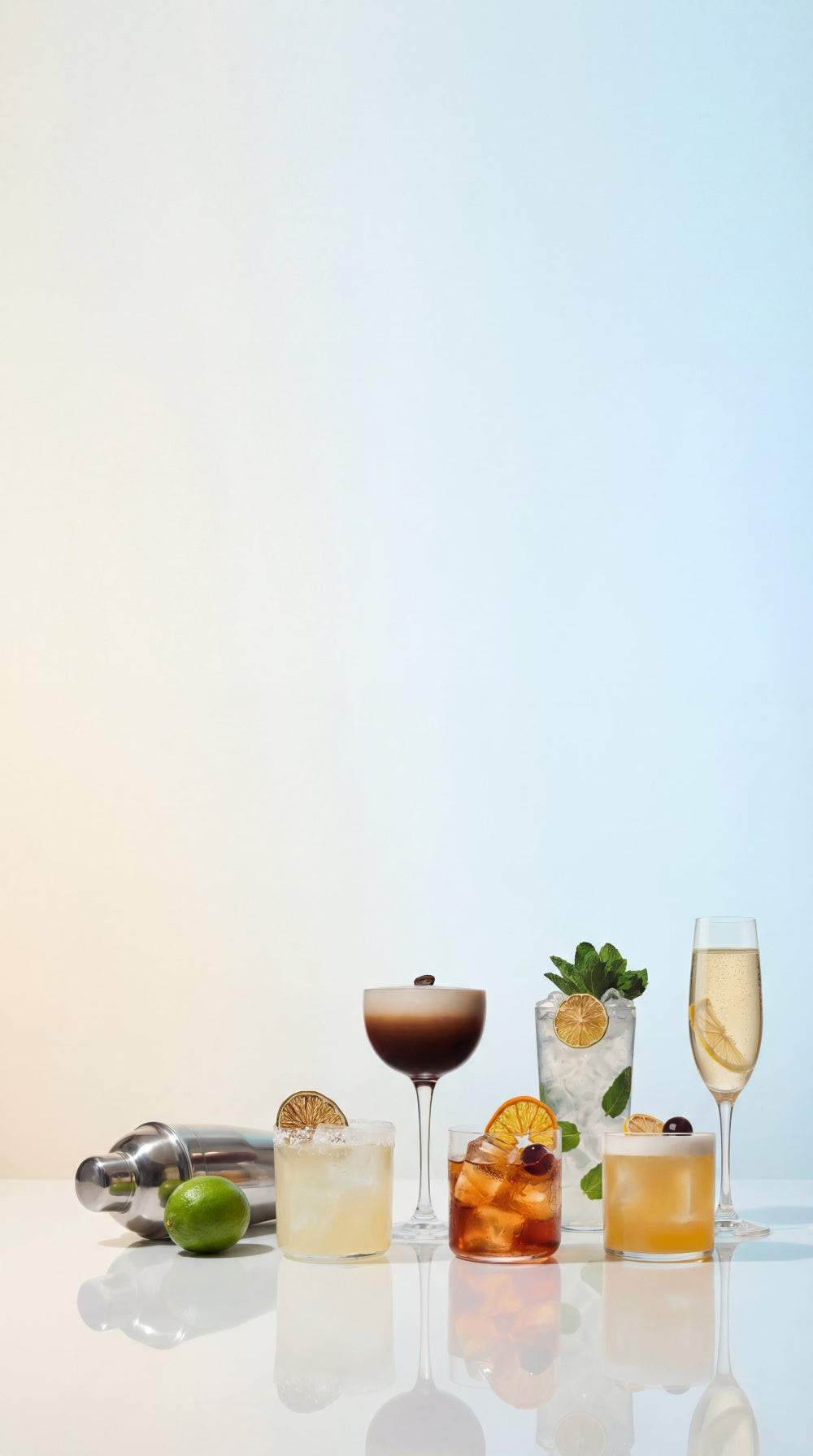 Collection of various cocktails on a reflective surface with a gradient background.