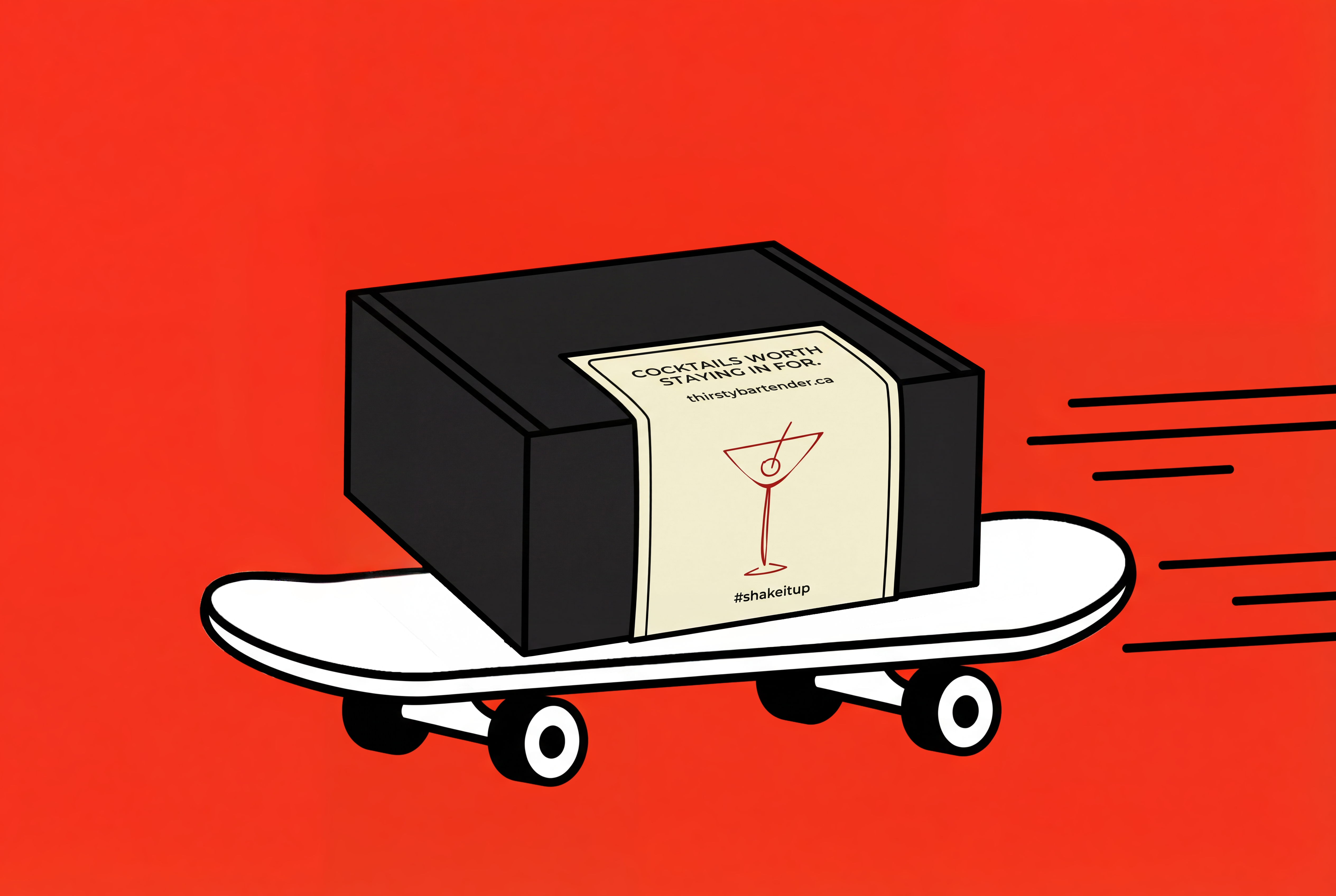 Black box with a label on a white skateboard against a red background