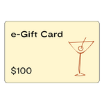 e-Gift card with a $100 value and a martini glass icon on a beige background